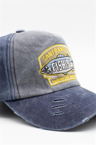 Eskitme Balık Logolu Denim Şapka | San Francisco Trucker Kep