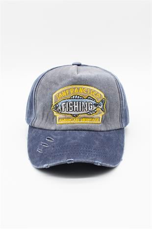 Eskitme Balık Logolu Denim Şapka | San Francisco Trucker Kep