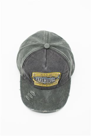 Eskitme Balık Logolu Denim Şapka | San Francisco Trucker Kep