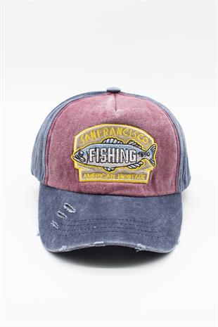 Eskitme Balık Logolu Denim Şapka | San Francisco Trucker Kep