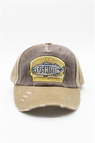 Eskitme Balık Logolu Denim Şapka | San Francisco Trucker Kep