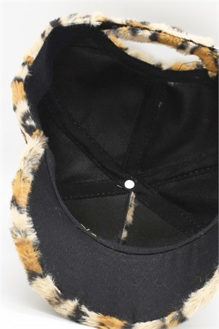 Yumuşak Dokulu Leopar Desenli Peluş / Kürk Kep Şapka