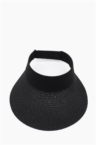 Kadın Geniş Siperli Siyah Vizör Hasır Plaj Şapkası