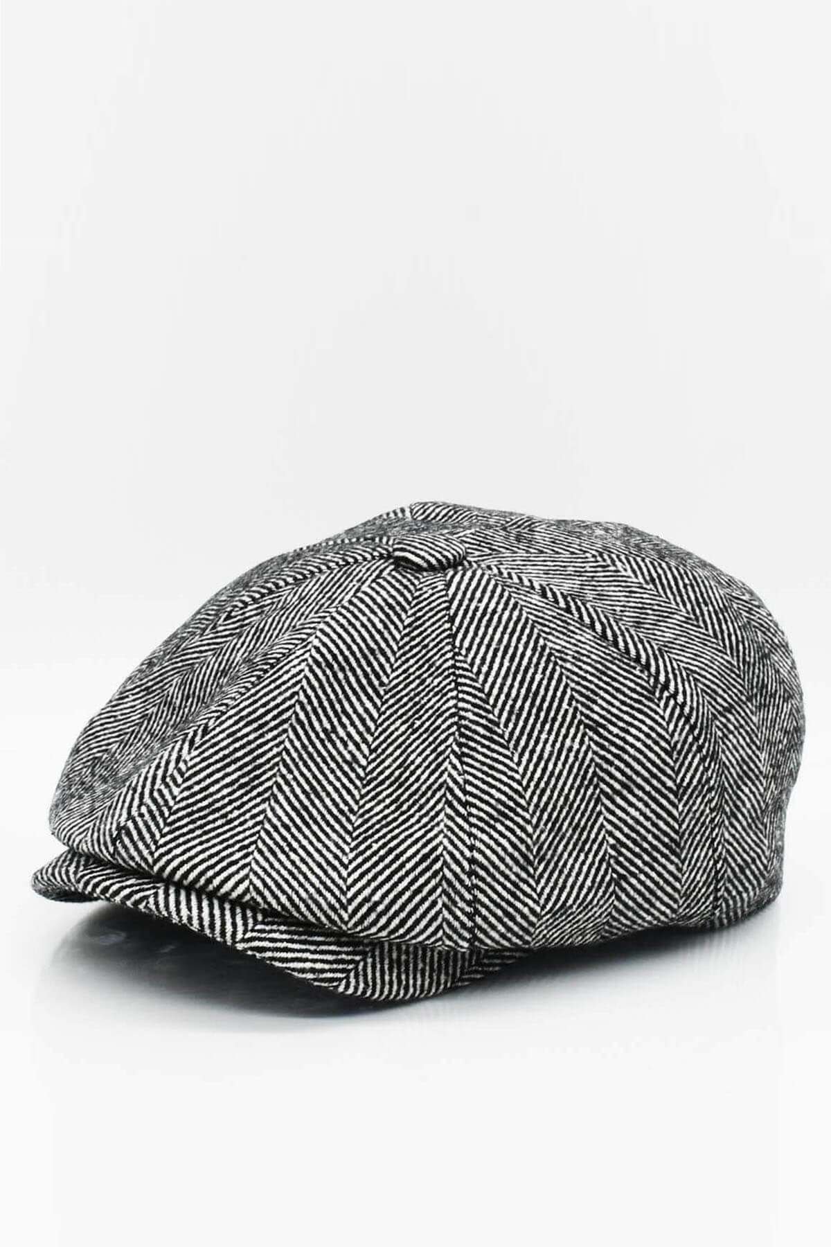 Külah Erkek Şapka İngiliz Stili Premium Newsboy Çizgili Kasket-Siyah KLH6891