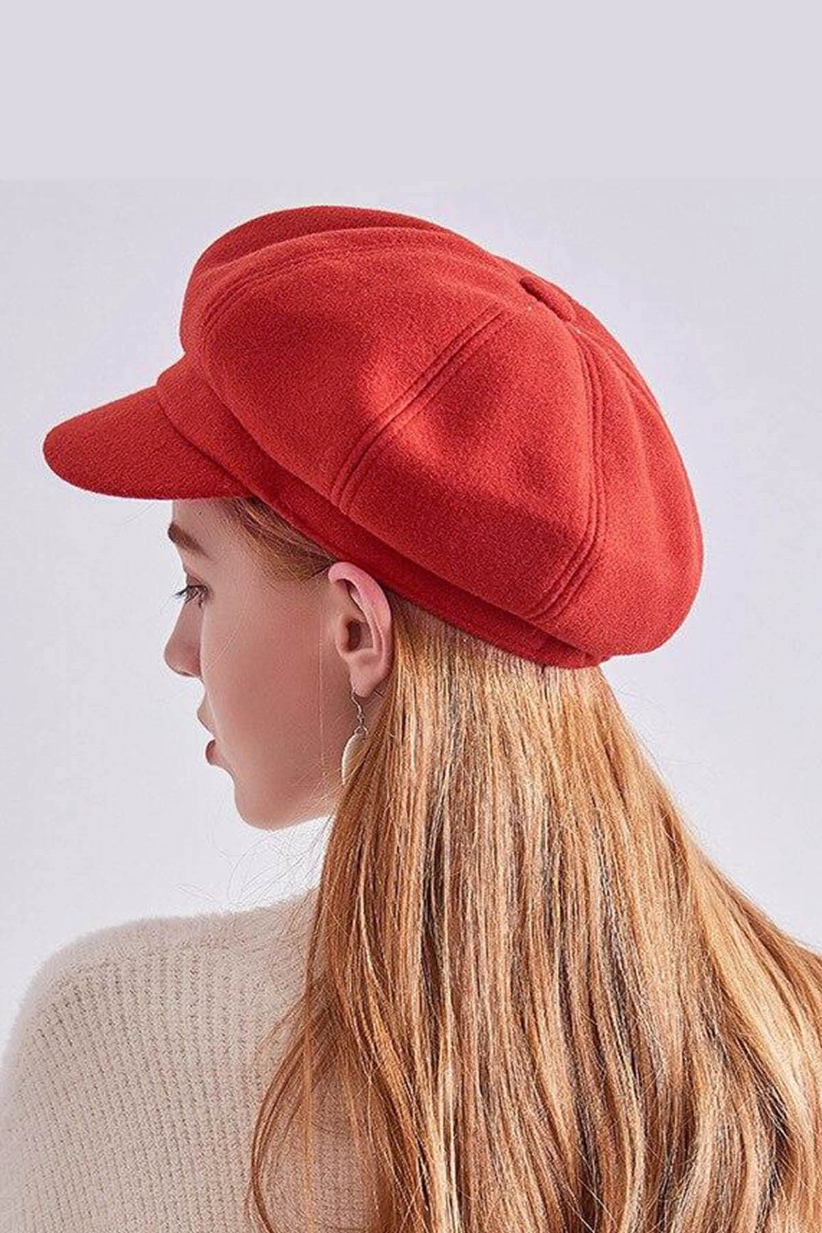 Külah Kadın Kırmızı Yün Vintage Kasket Şapka KLH7070