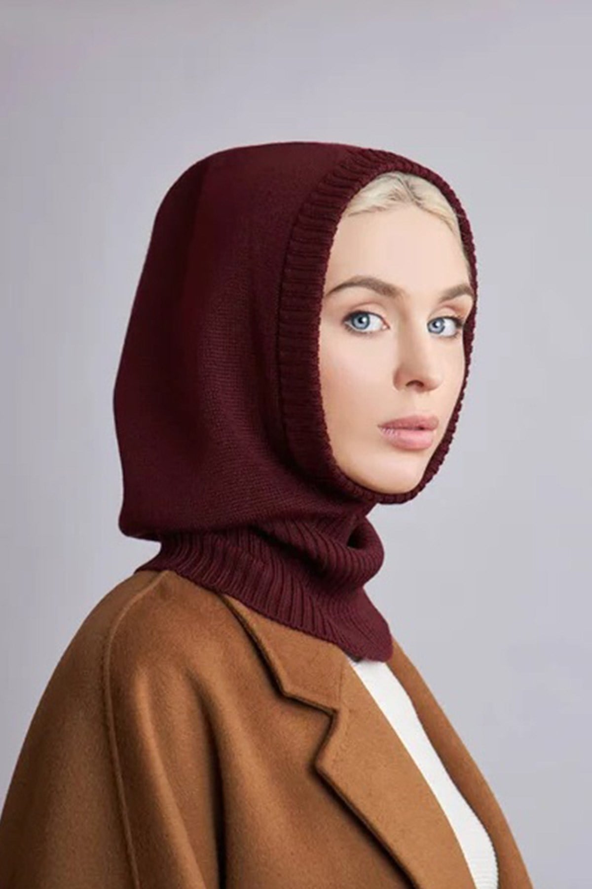 Balaclava Kadın Triko Kar Maskesi Bere Boyunluk Bordo