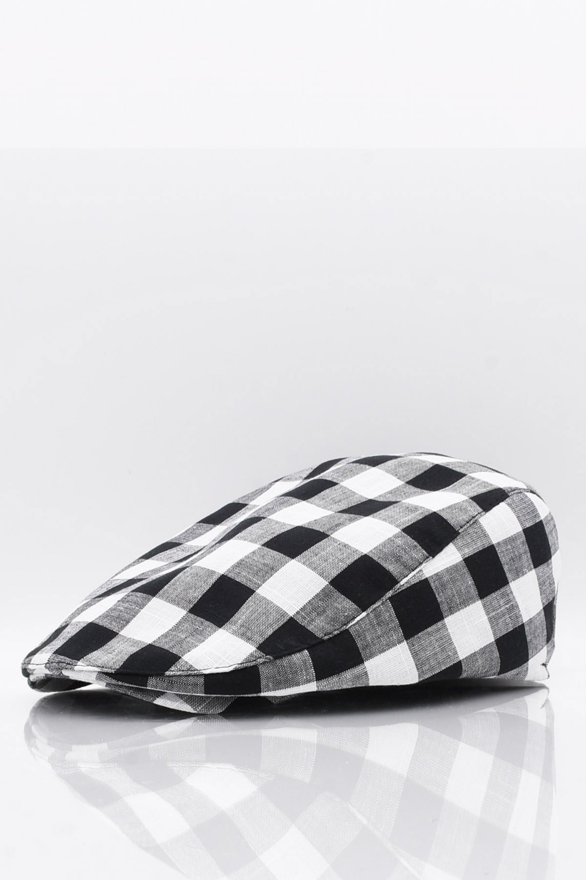 Erkek Siyah Ekoseli Kasket Yazlık Flat Cap Şapka