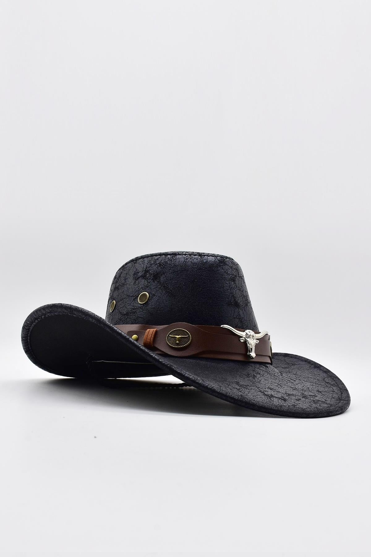 Külah Boğa Figürlü Suni Deri Fötr Şapka Premium Classic Western Festival Rave Hat KLH7470
