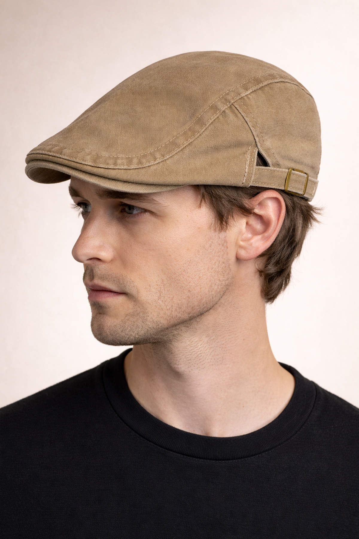 Külah Daily Form Washed Flat Cap – Soluk Bej Ayarlanabilir Tokalı Denim Kasket KLH7578