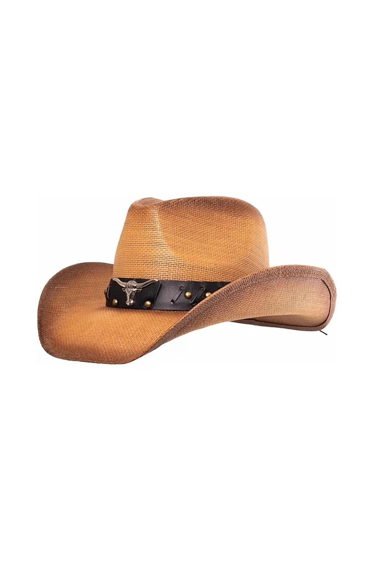 Külah Deri Şeritli Boğa Figürlü Hasır Şapka Premium Classic Western Festival Beach Rave Hat KLH7359