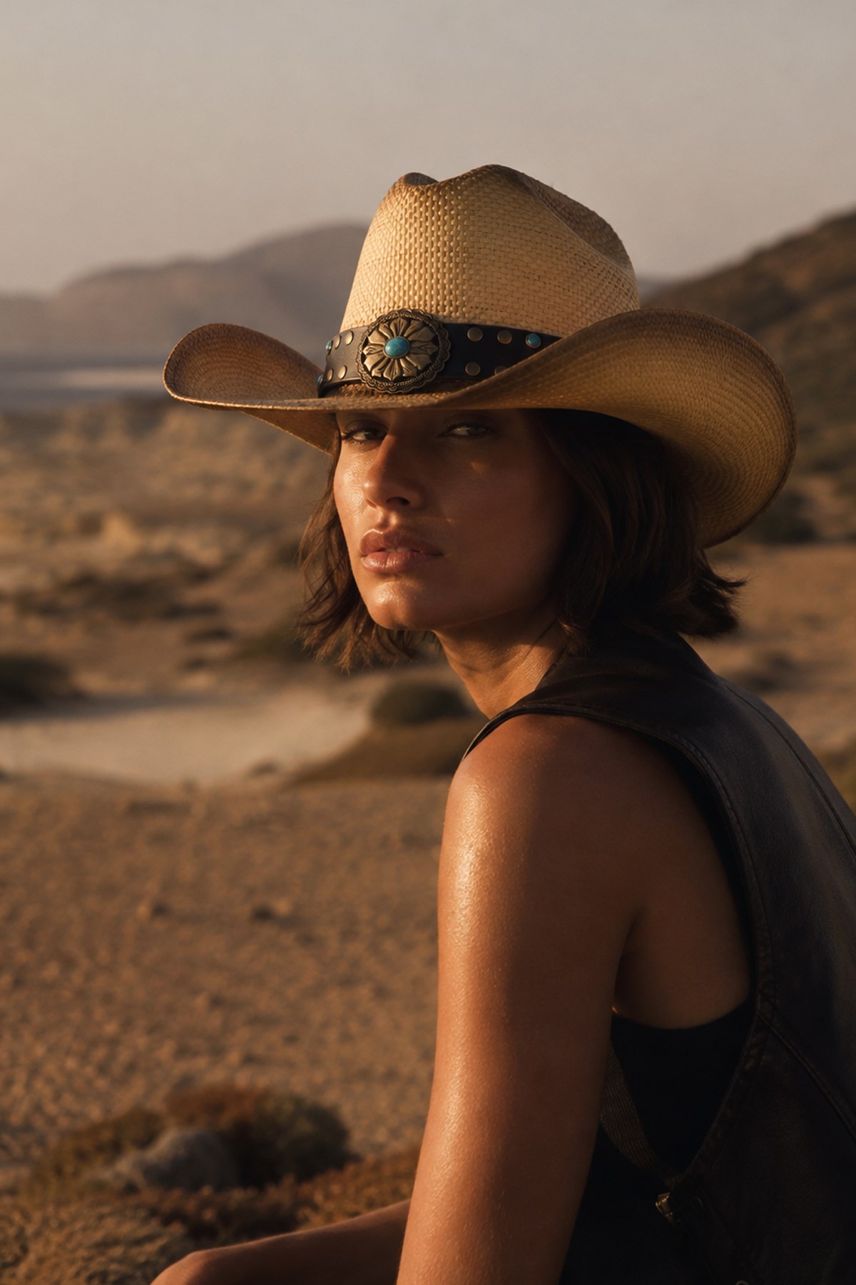 Külah Deri Şeritli Zımbalı Hasır Şapka Premium Classic Western Festival Beach Rave Hat KLH7359