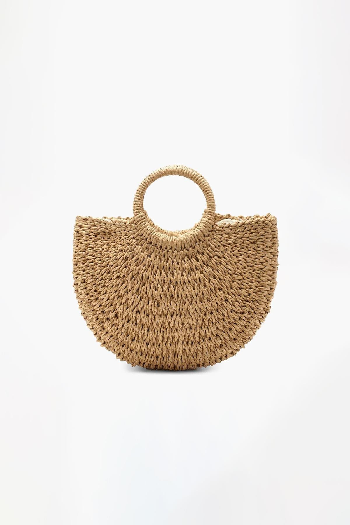 Külah El Örgüsü Mini Hasır Çanta - Yazlık Plaj ve Günlük Omuz Askılı Rattan Çanta KLH7507