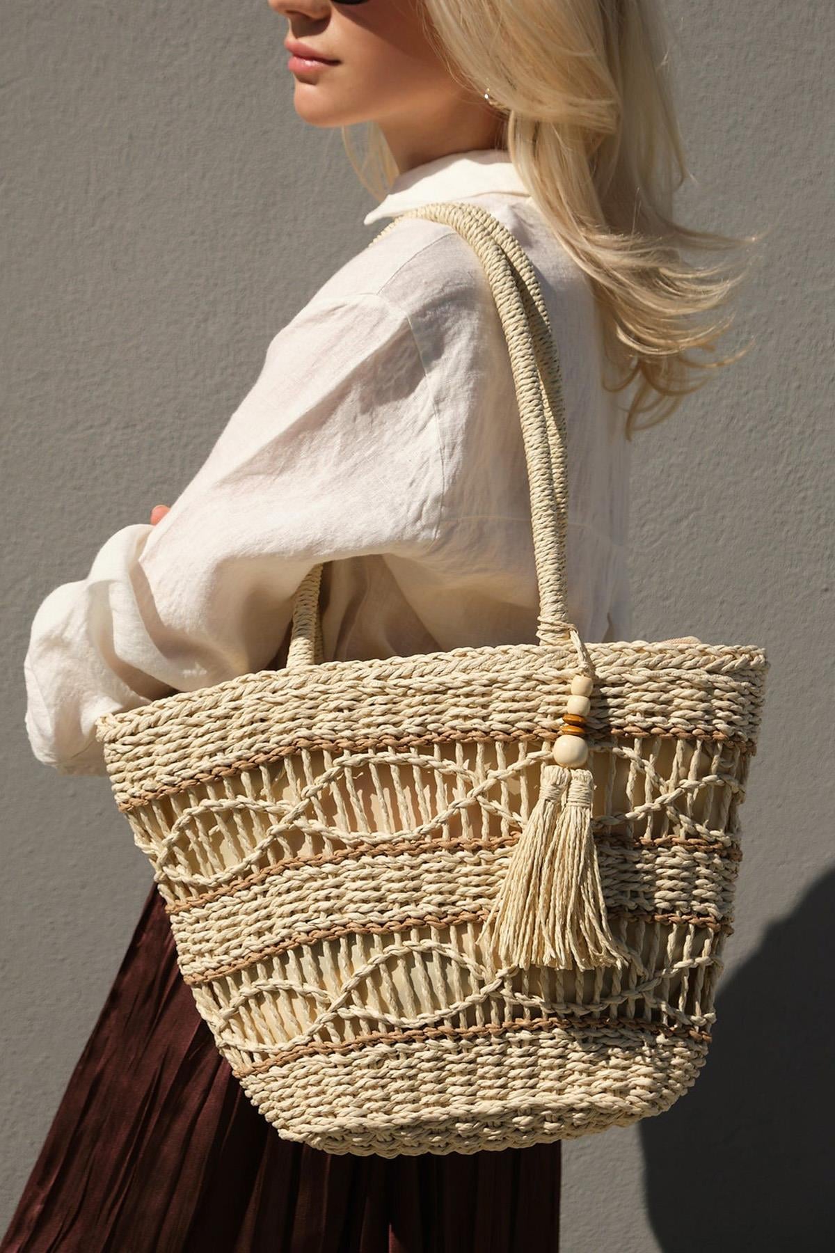 Külah El Örgüsü Rattan Plaj Çantası - Bej KLH7517