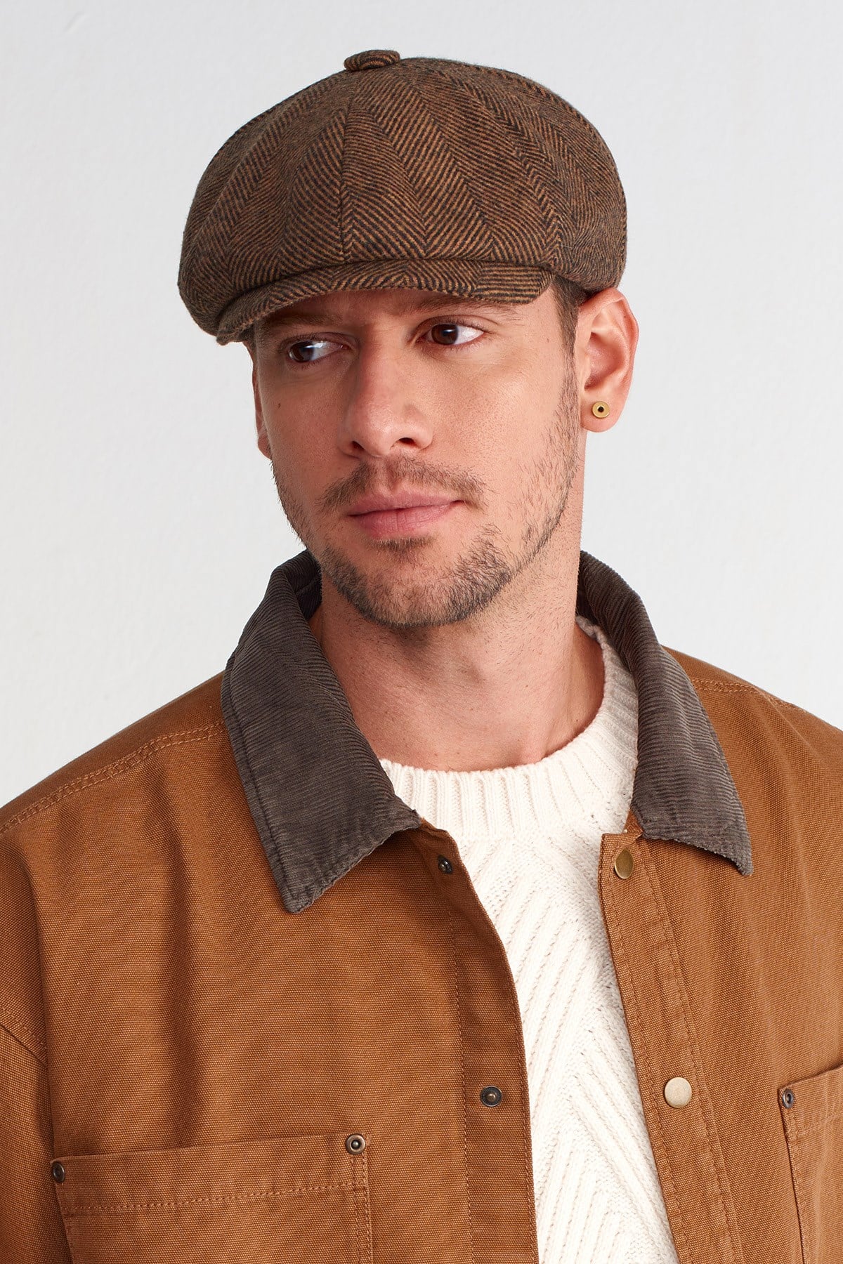 Men's Camel Herringbone Flat Cap 8 Piece Peaky Blinders Hat