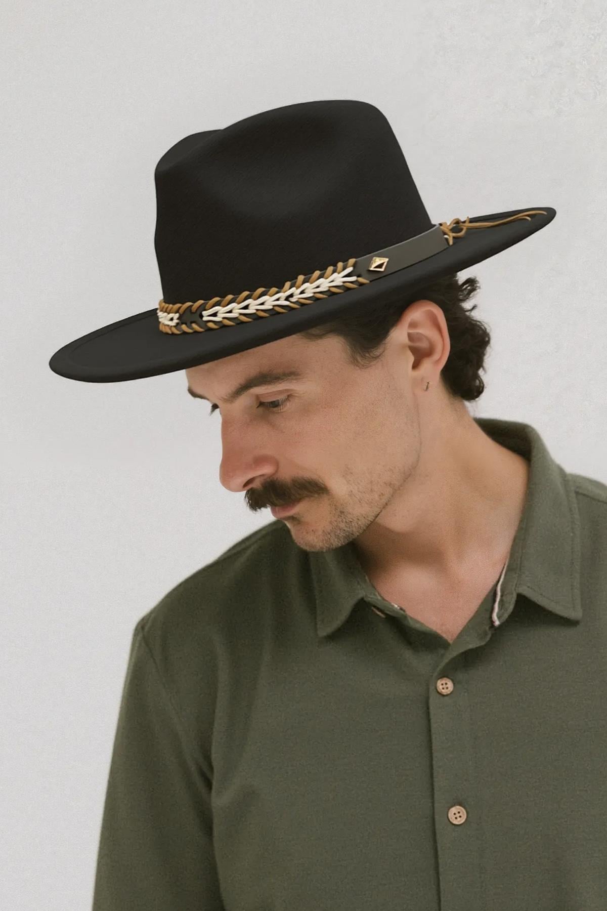 Külah Erkek Etnik Deri Şeritli Fedora Şapka - Siyah KLH7539