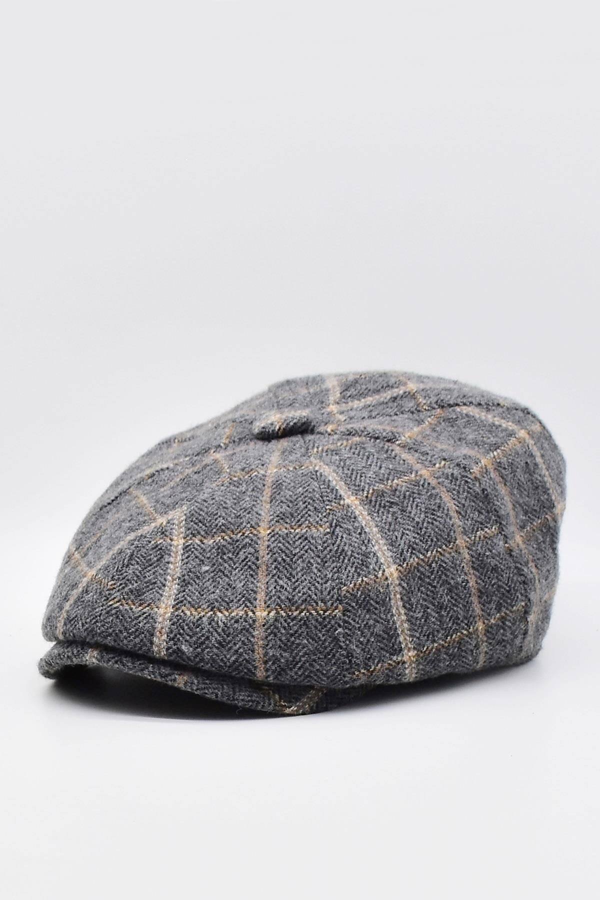 Men's English Premium Newsboy Plaid Flat Cap-Grey Black