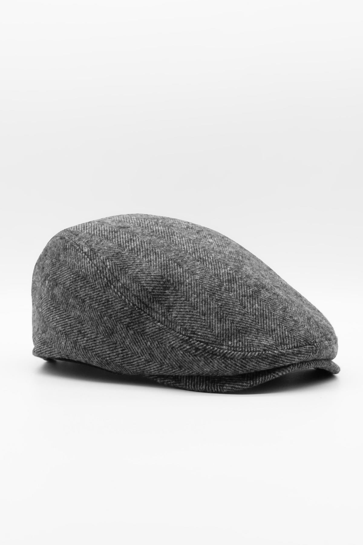 Külah Erkek Kasket Balıksırtı Flat Cap Termal Yün Şapka Gri KLH6640