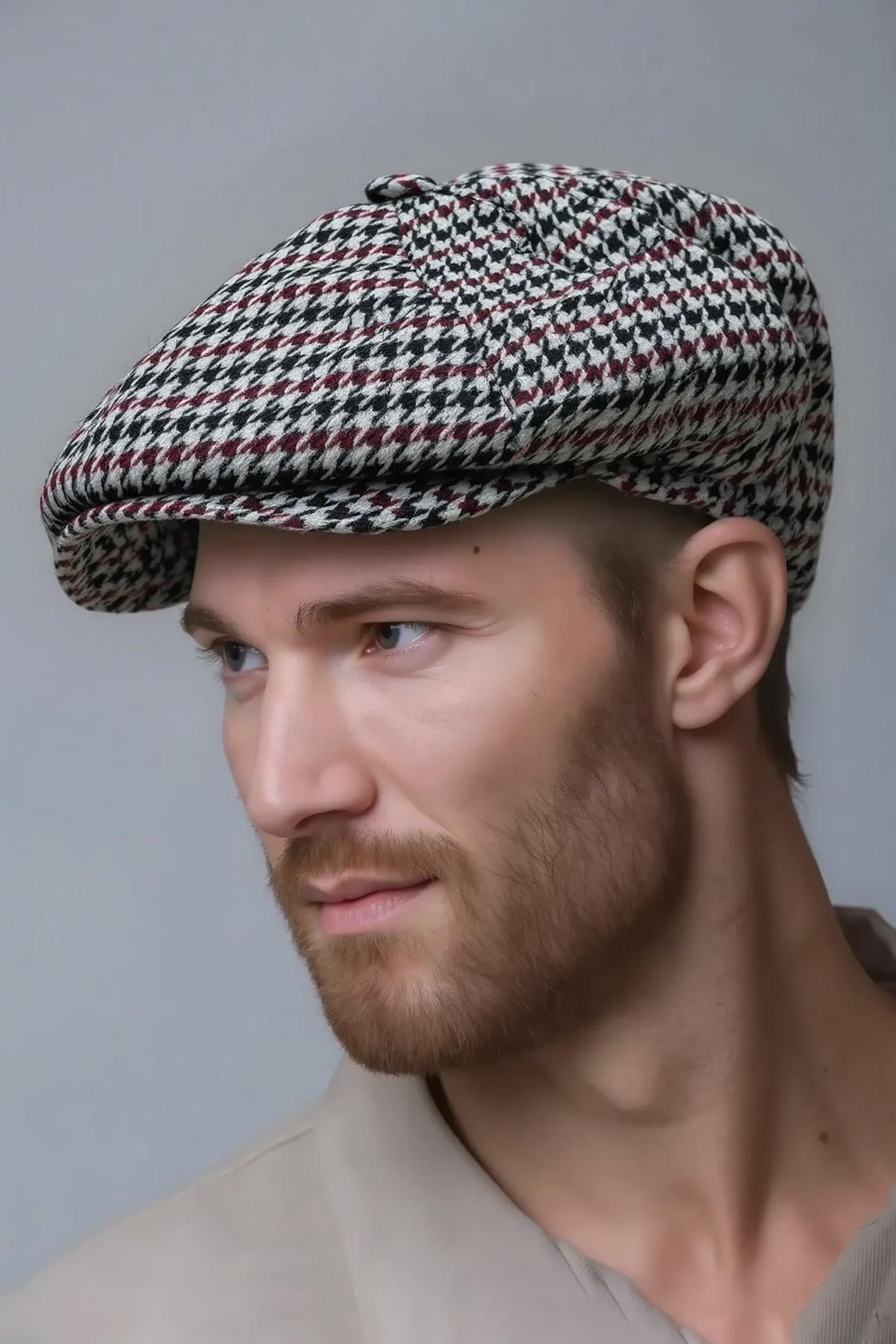 Külah Erkek Kazayağı Kasket Şapka – Siyah Bordo Desenli Retro Flat Cap KLH7546