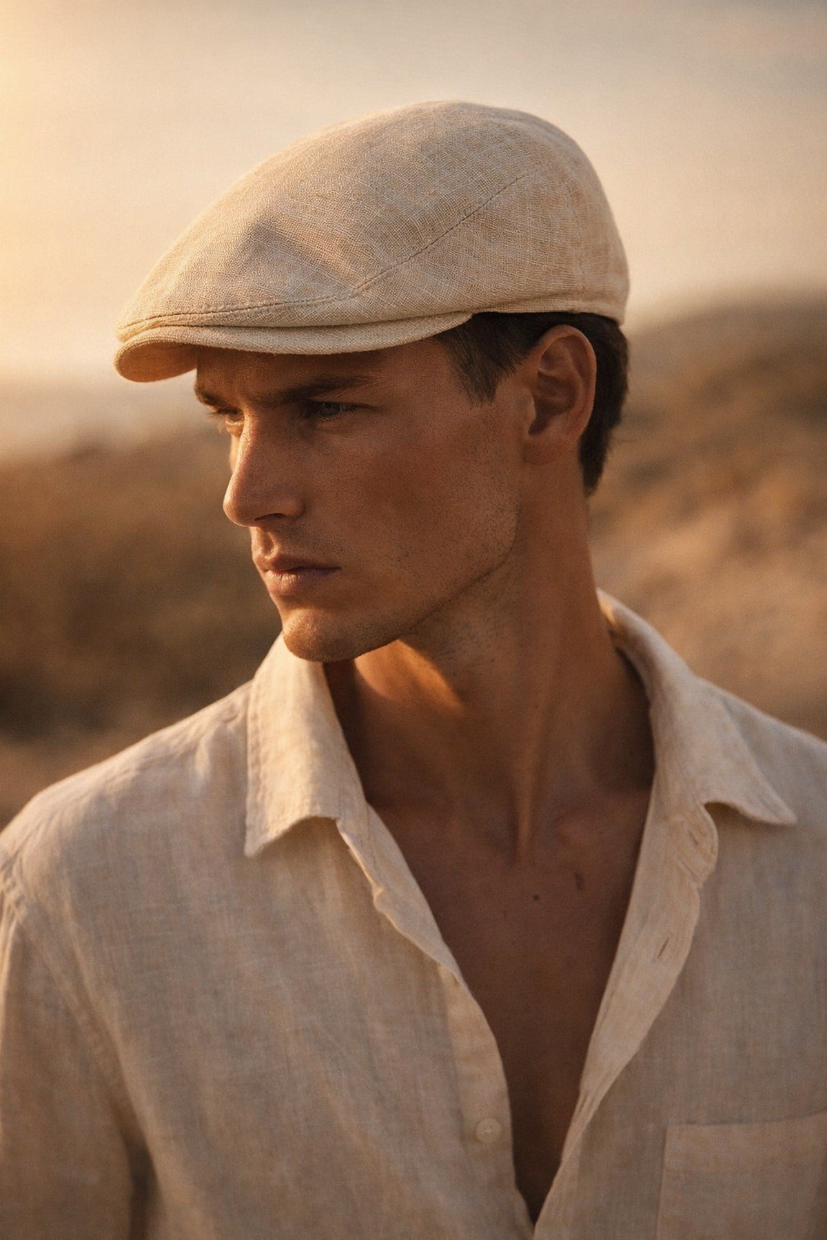Külah Erkek Keten Premium Krem Şapka Yazlık Flat Cap Kasket KLH7442