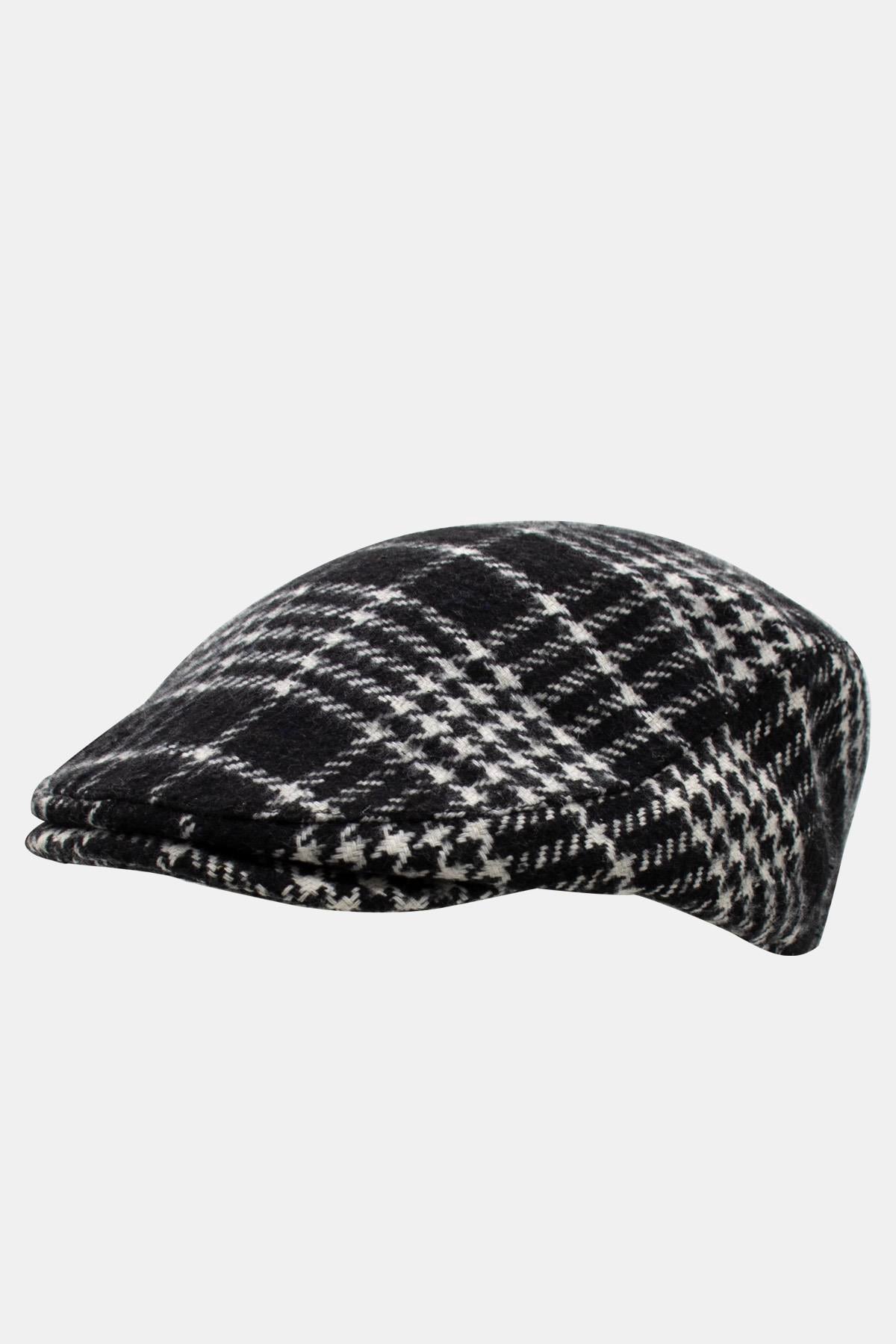 Erkek Kışlık Flat Cap Desenli Yünlü Kasket Şapka