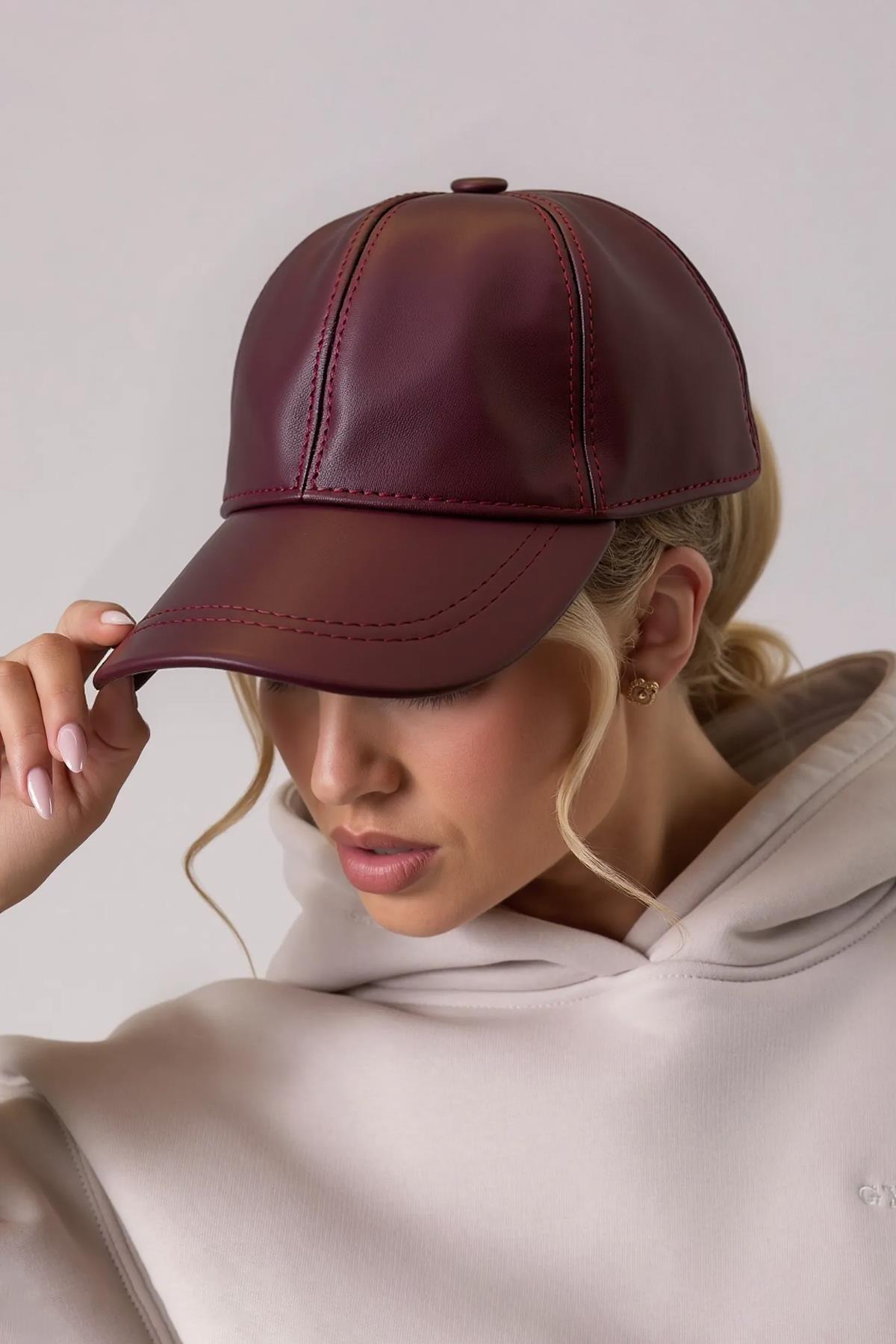 Külah Hakiki Deri Beyzbol Şapka - Bordo KLH6864