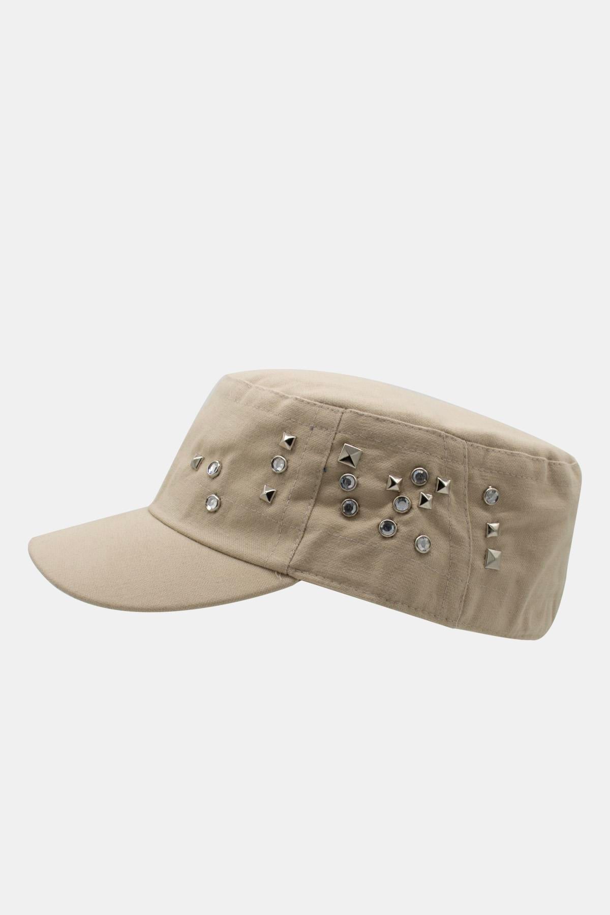 Külah Kadın Asker Stili Bej Taşlı Tasarım Şapka Full Cap 57cm KLH7458