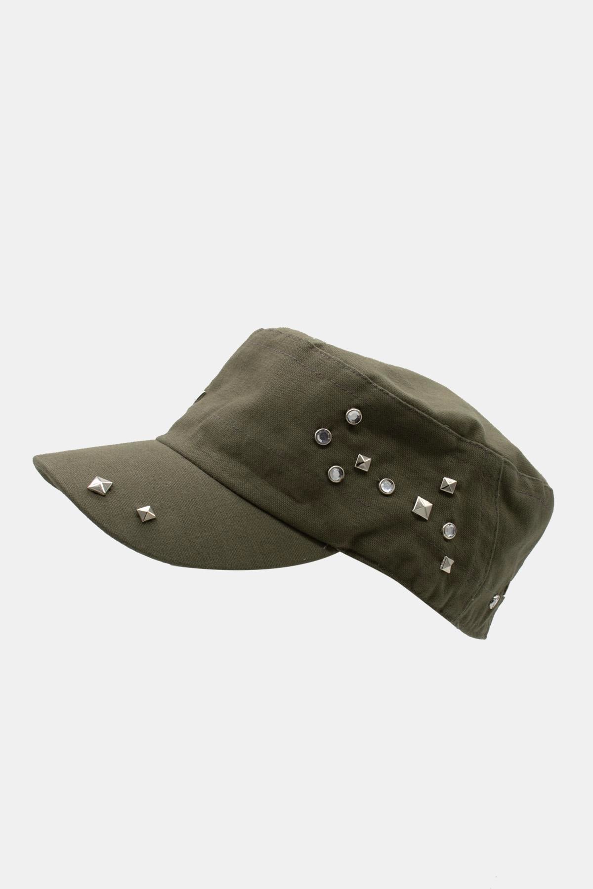 Külah Kadın Asker Stili Haki Taşlı Tasarım Şapka Full Cap 57cm KLH7458