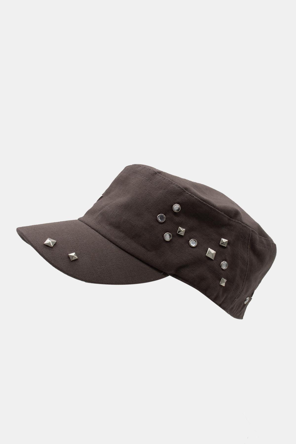 Külah Kadın Asker Stili Kahve Taşlı Tasarım Şapka Full Cap 57cm KLH7458