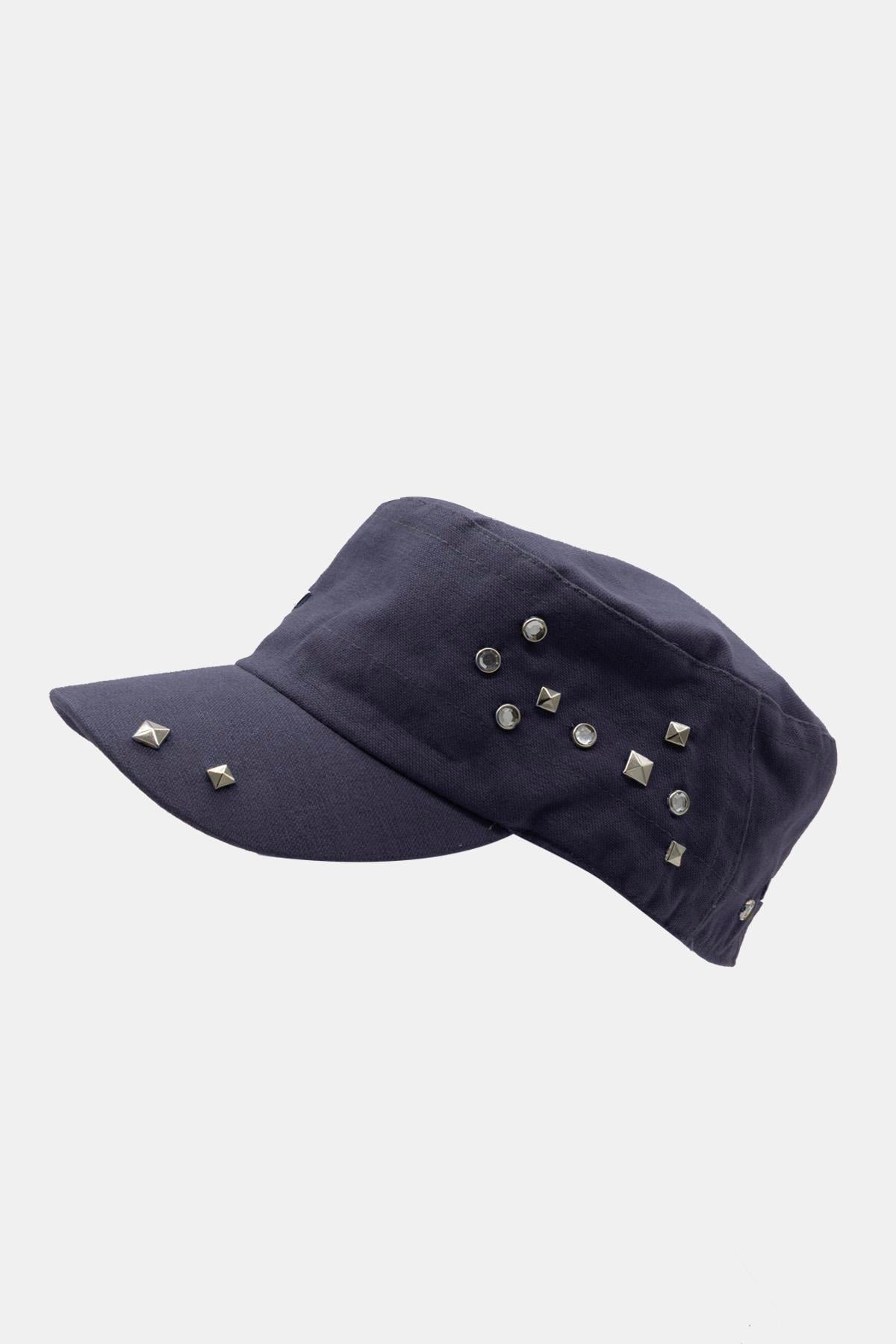 Külah Kadın Asker Stili Lacivert Taşlı Tasarım Şapka Full Cap 57cm KLH7458