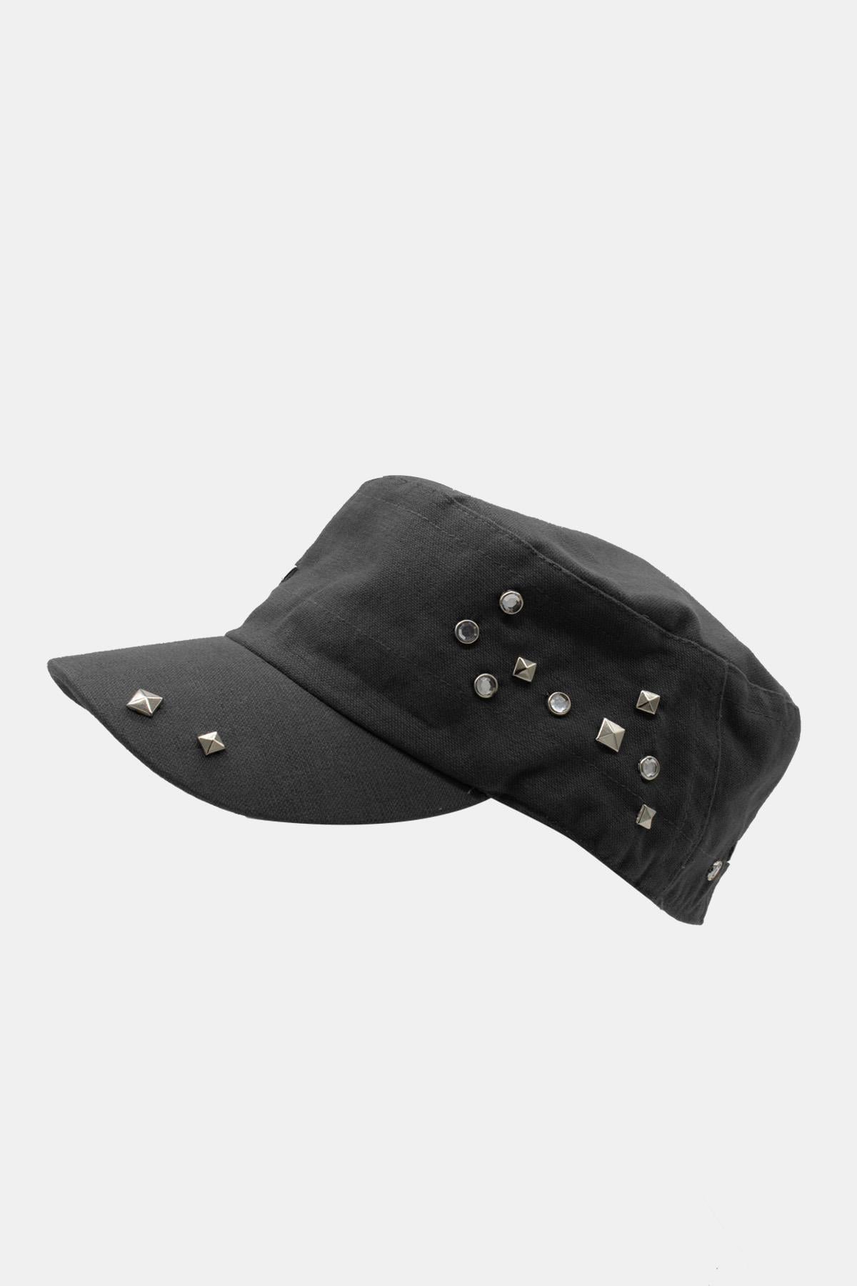 Külah Kadın Asker Stili Siyah Taşlı Tasarım Şapka Full Cap 57cm KLH7458