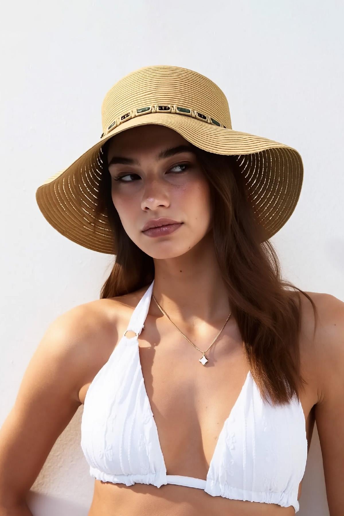 Külah Kadın Boho İşlemeli Hasır Şapka - Camel KLH7519