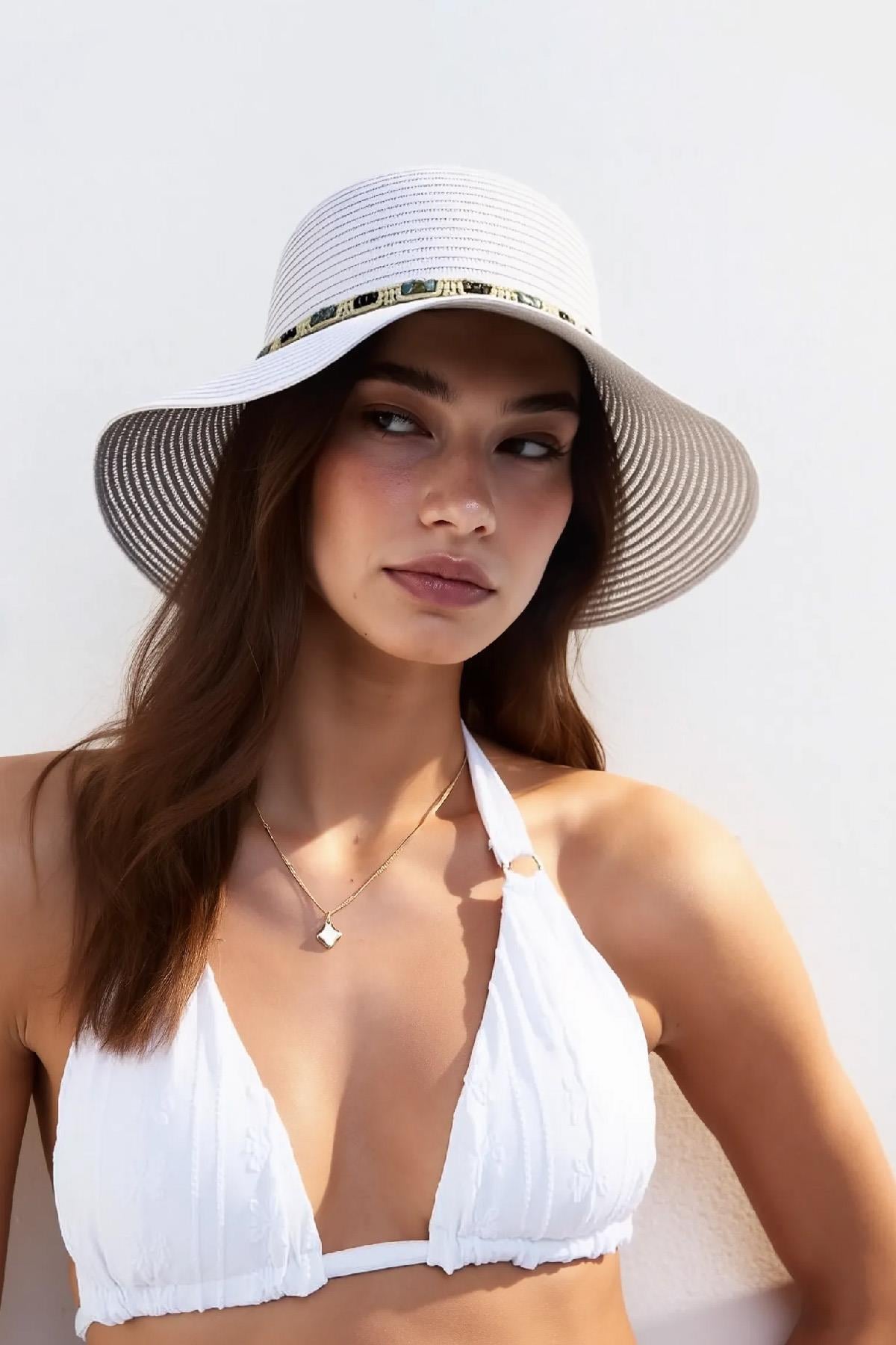 Külah Kadın Boho İşlemeli Hasır Şapka - Beyaz KLH7519