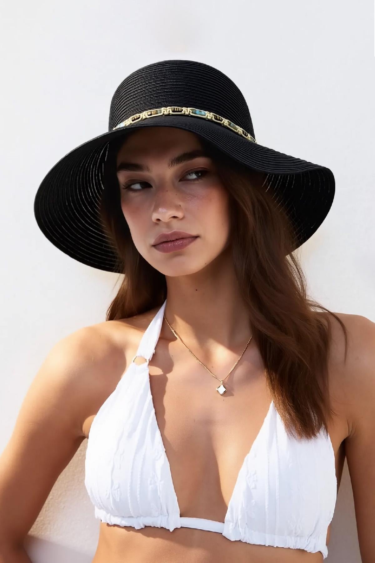 Külah Kadın Boho İşlemeli Hasır Şapka - Siyah KLH7519