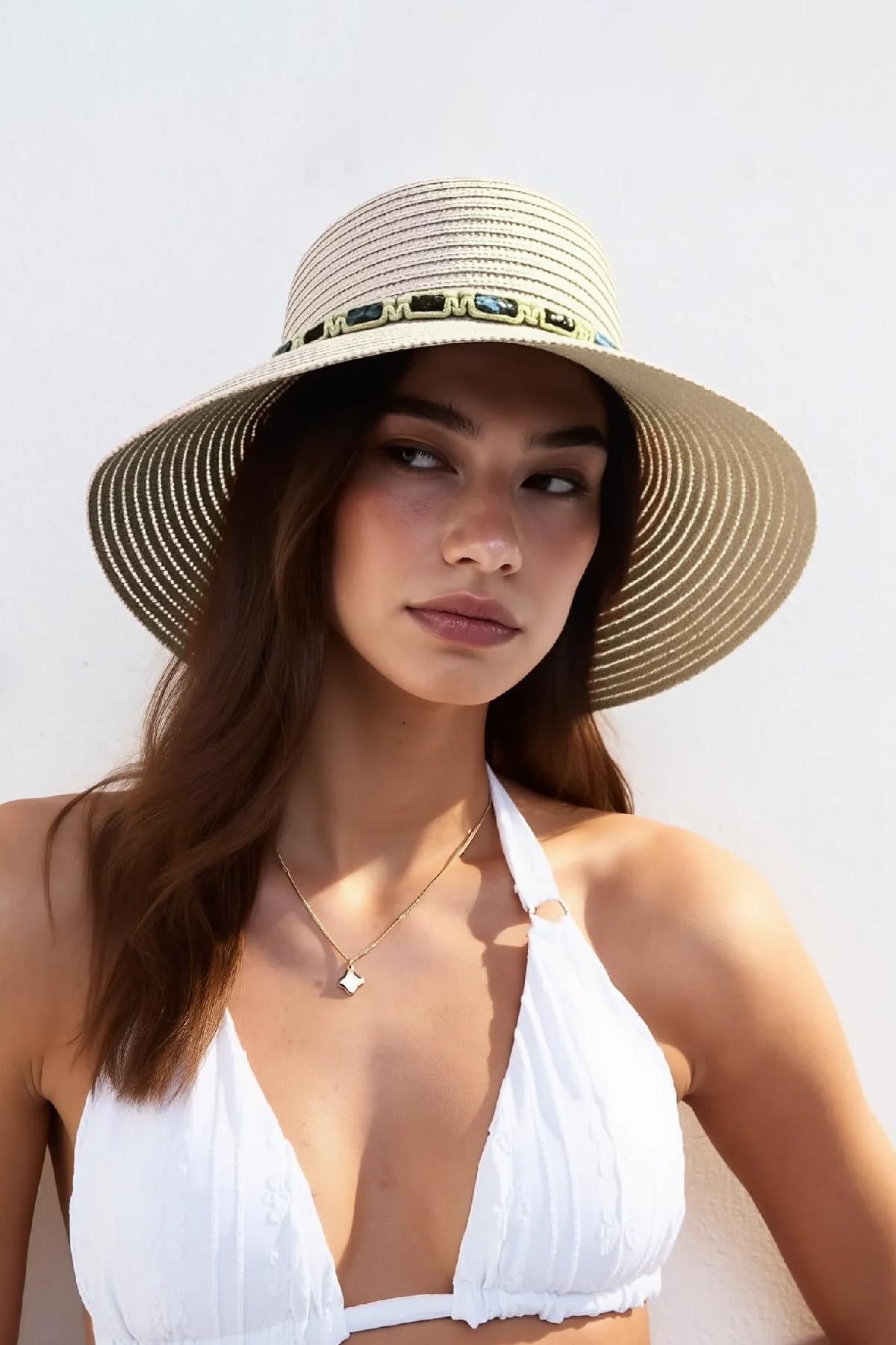 Külah Kadın Boho İşlemeli Hasır Şapka - Bej KLH7519