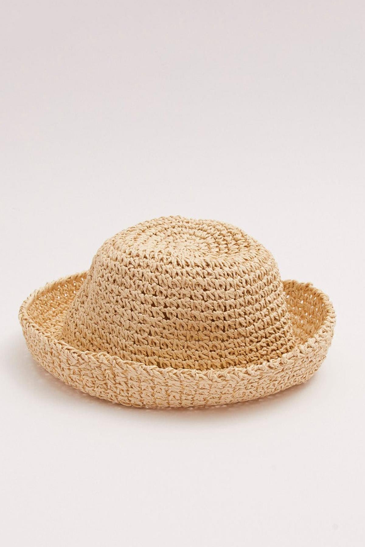 Külah Kadın Hasır Bucket Şapka Naturel Ayarlanabilir Kova Plaj Şapkası Bej KLH7358