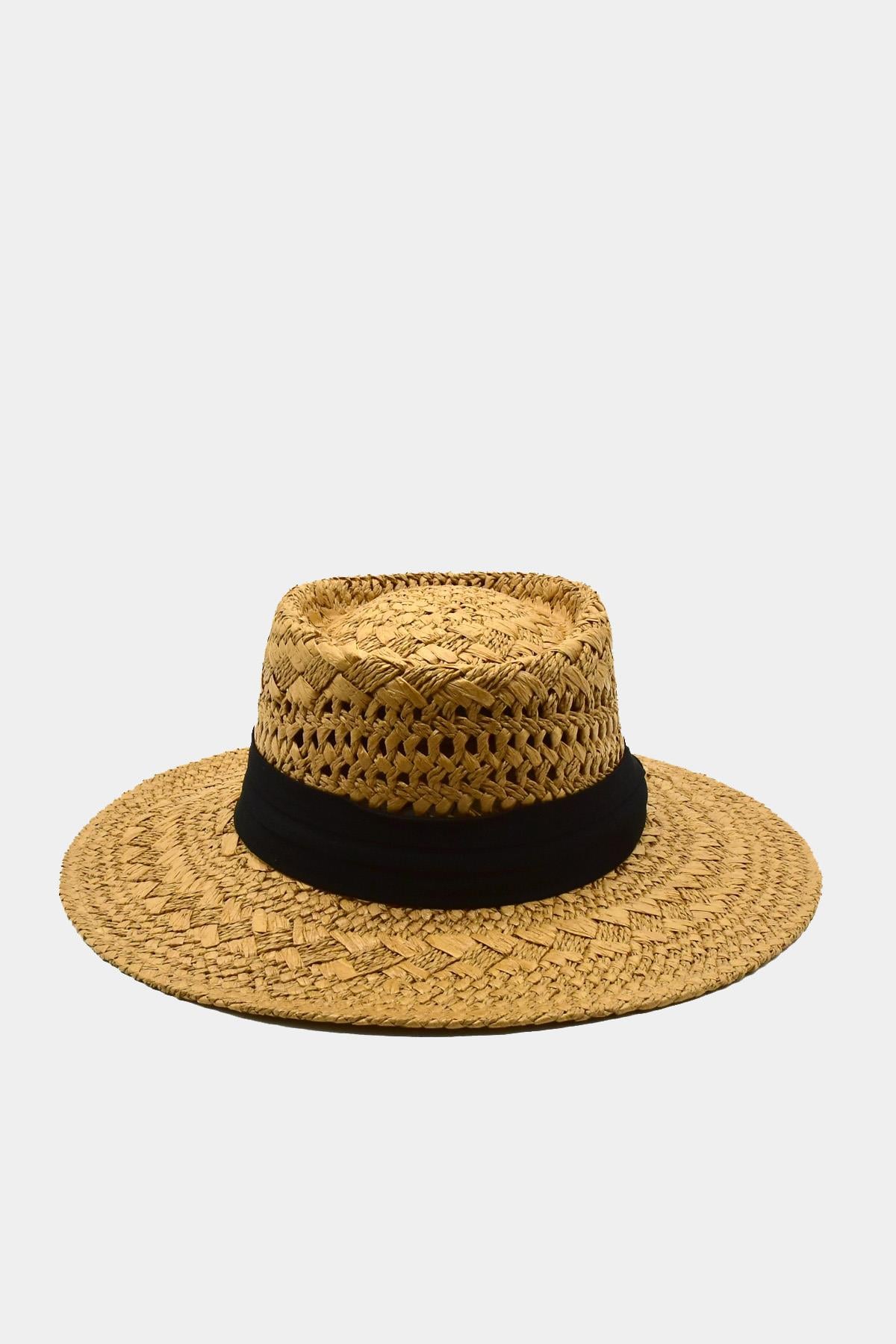 Women's Straw Knitlü Ribboned Camel Boater Hat