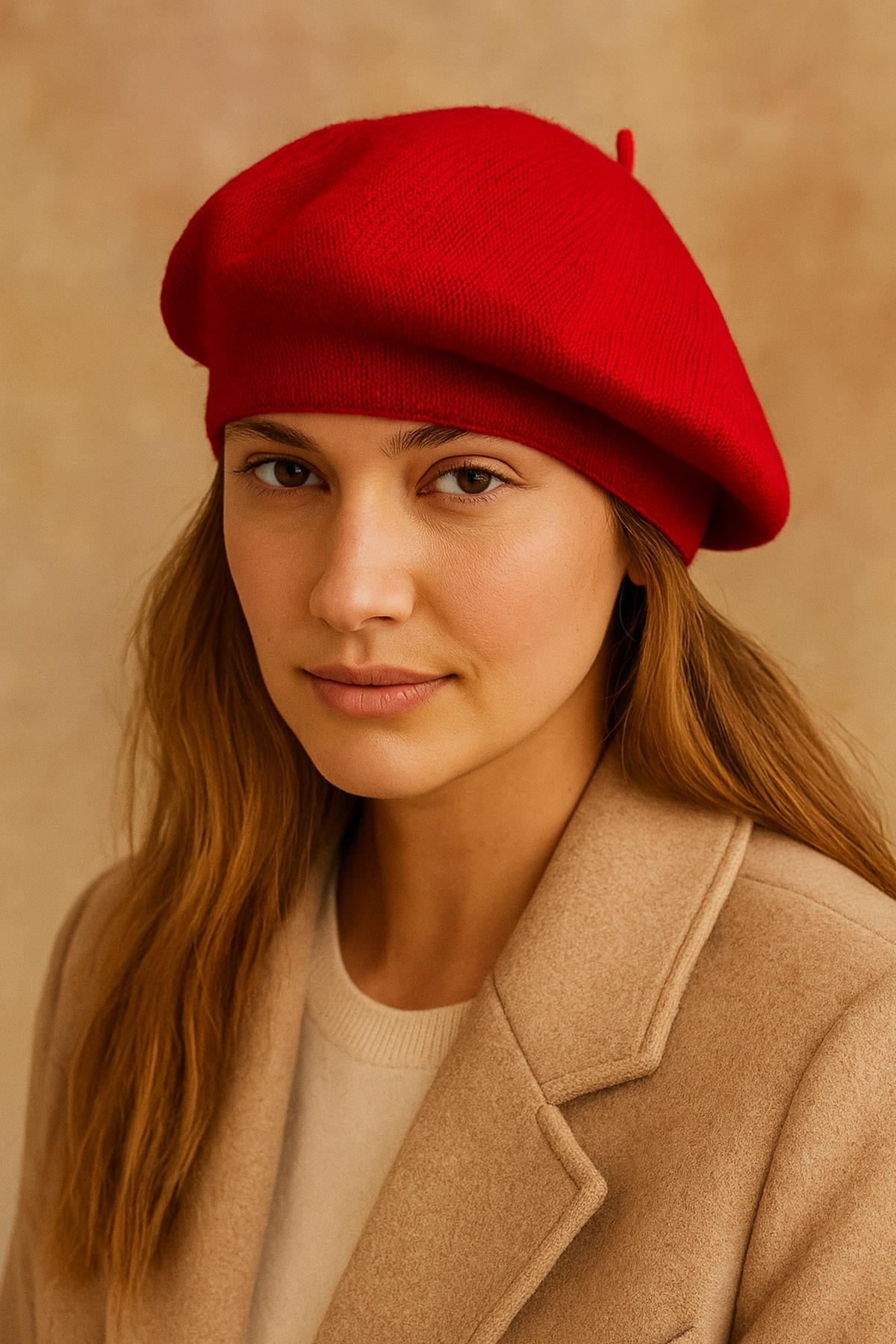 Külah Kadın Kırmızı Triko Fransız Bere – Yumuşak Dokulu Kışlık Model KLH7552