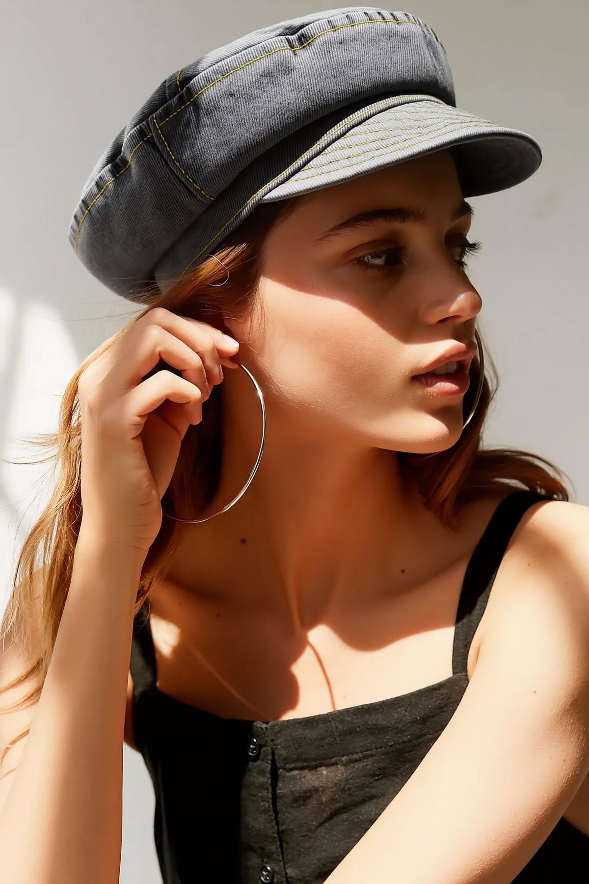 Külah Kadın Kot Şapka Driver Kasket Flat Cap Kaptan Şapkası - Siyah KLH7499