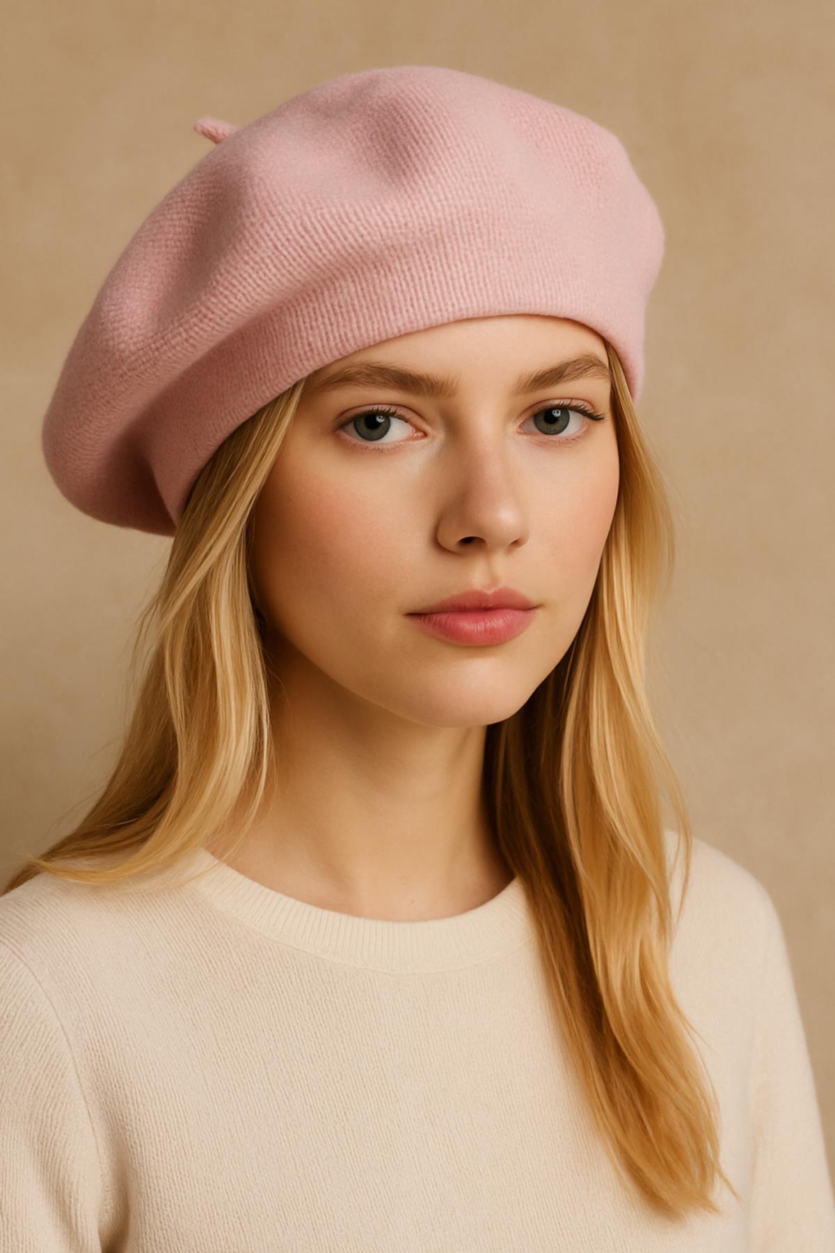 Külah Kadın Pembe Triko Fransız Bere – Yumuşak Dokulu Kışlık Model KLH7552