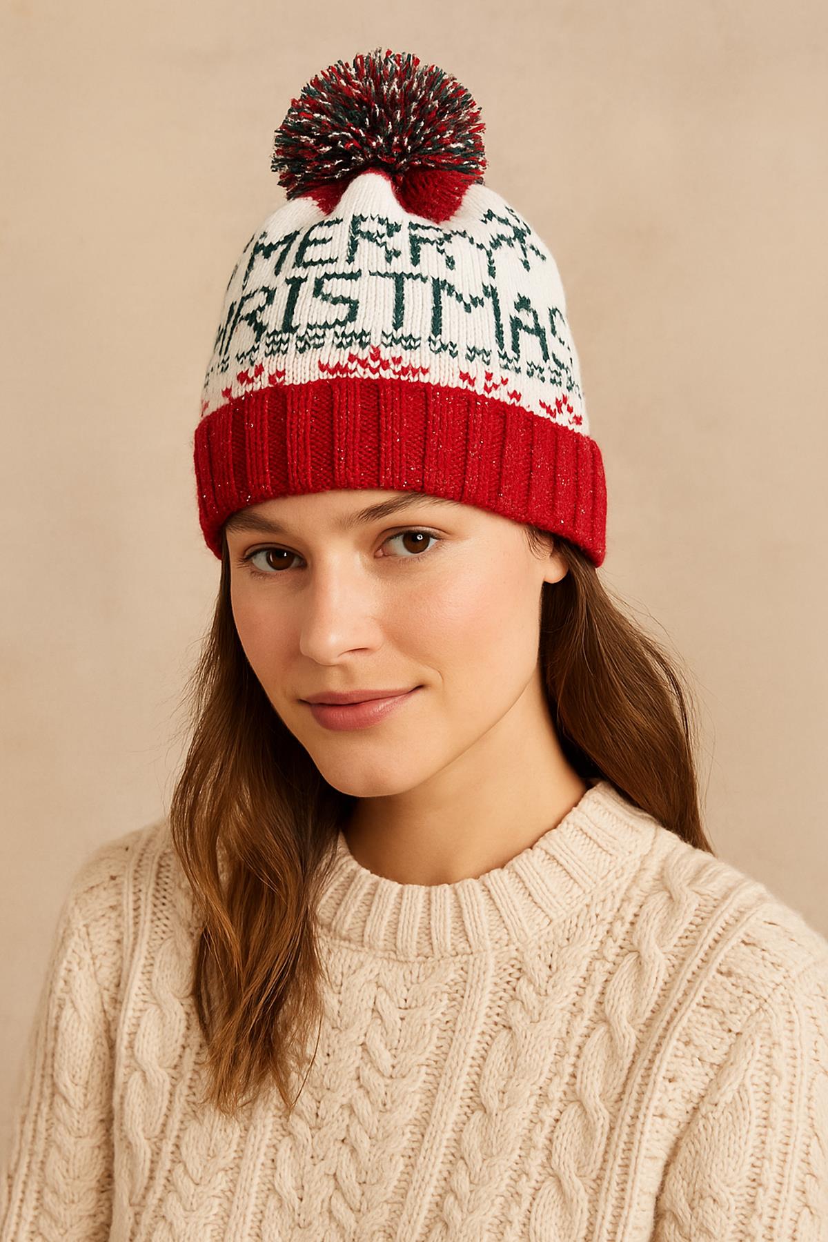 Külah Kadın Ponponlu Yılbaşı Temalı Kışlık Triko Bere – Merry Christmas Desenli KLH7553