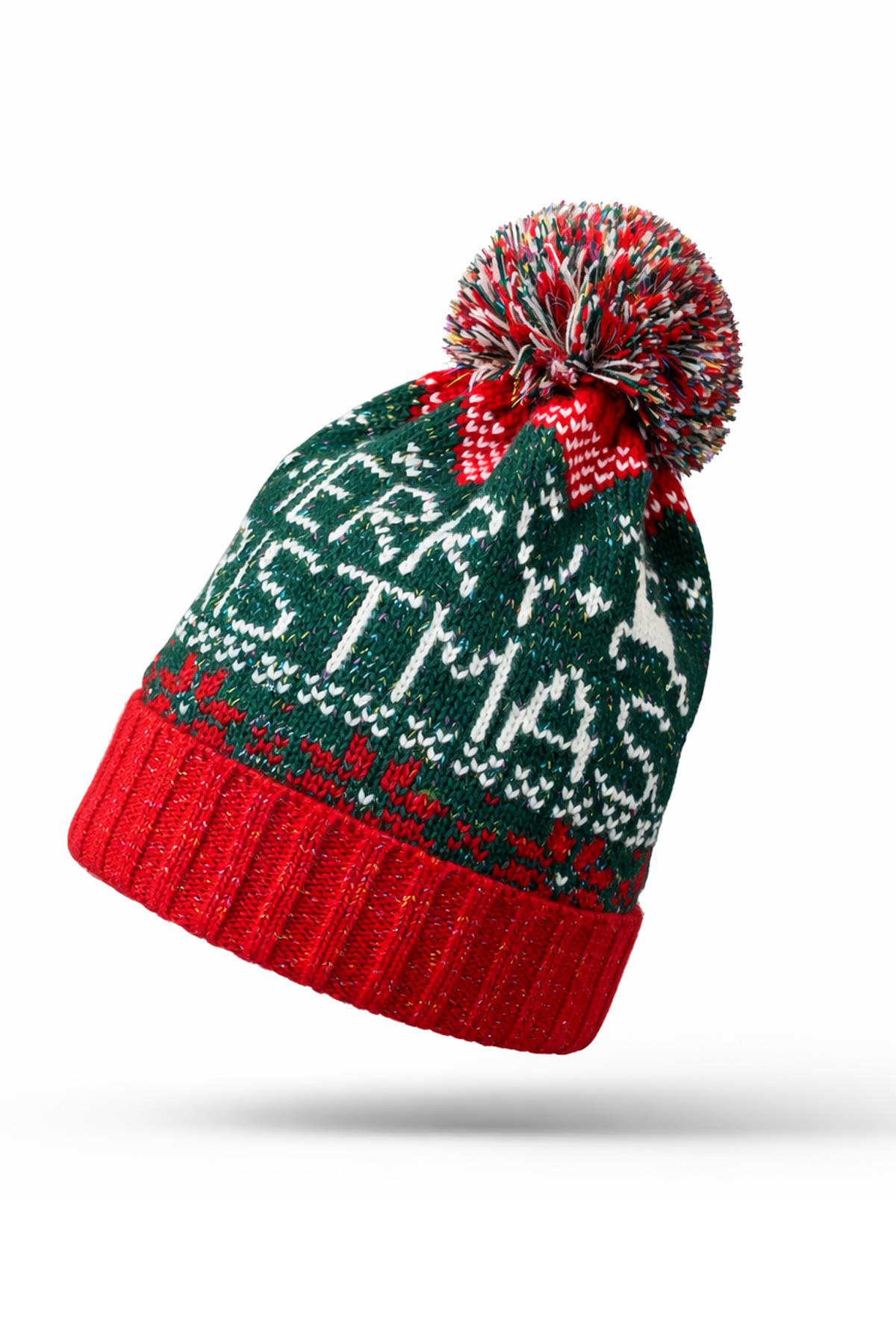Külah Kadın Ponponlu Yılbaşı Temalı Kışlık Triko Bere – Merry Christmas Desenli KLH7553