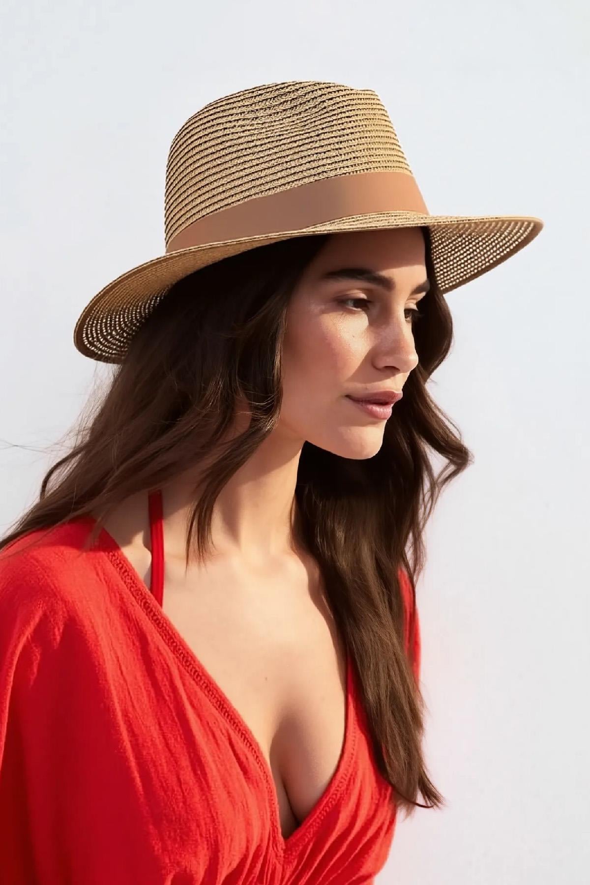 Külah Kadın Simli Premium Hasır Fedora Şapka - Camel KLH7528