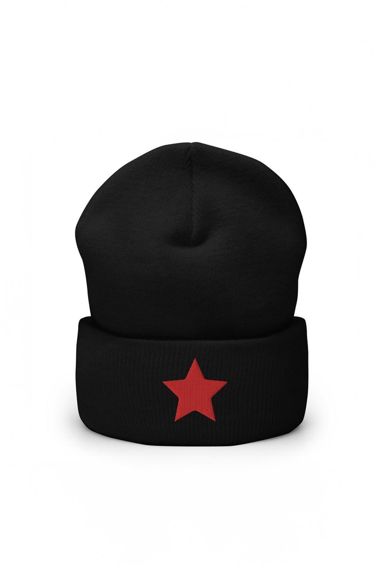 Külah Kızıl Yıldız Nakışlı Unisex Siyah Bere Katlamalı Esnek Che Guevara Şapka KLH7452