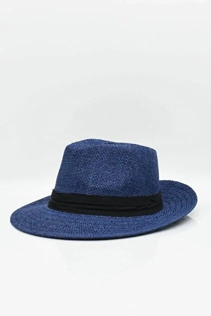 Külah Navy Men's Straw Cowboy Hat Fedora Flat Cap KLH0768