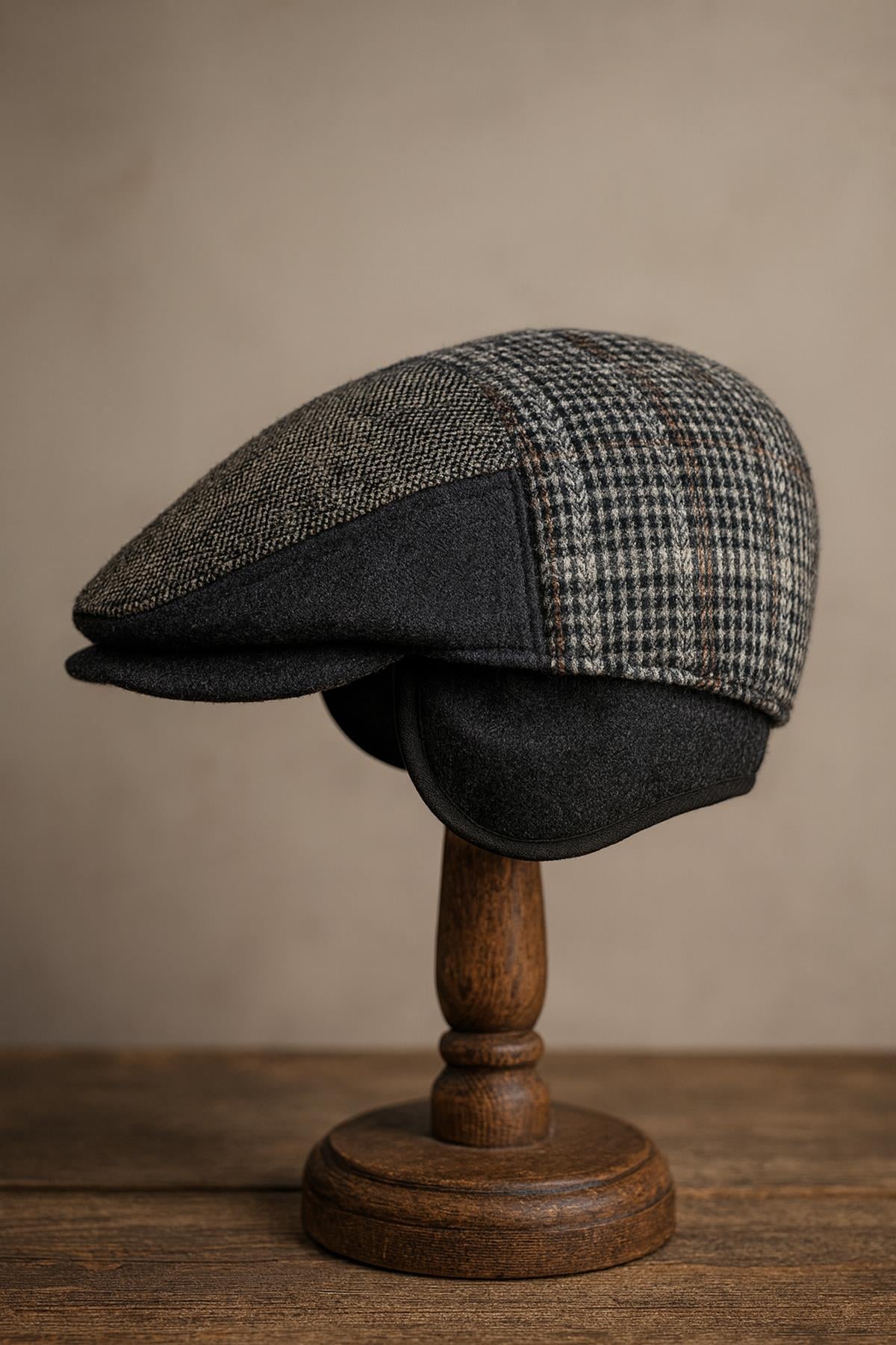 Külah Patchwork Kışlık Yün İngiliz Kasket - Katlanır Sherpa Kulaklı Şapka KLH7559