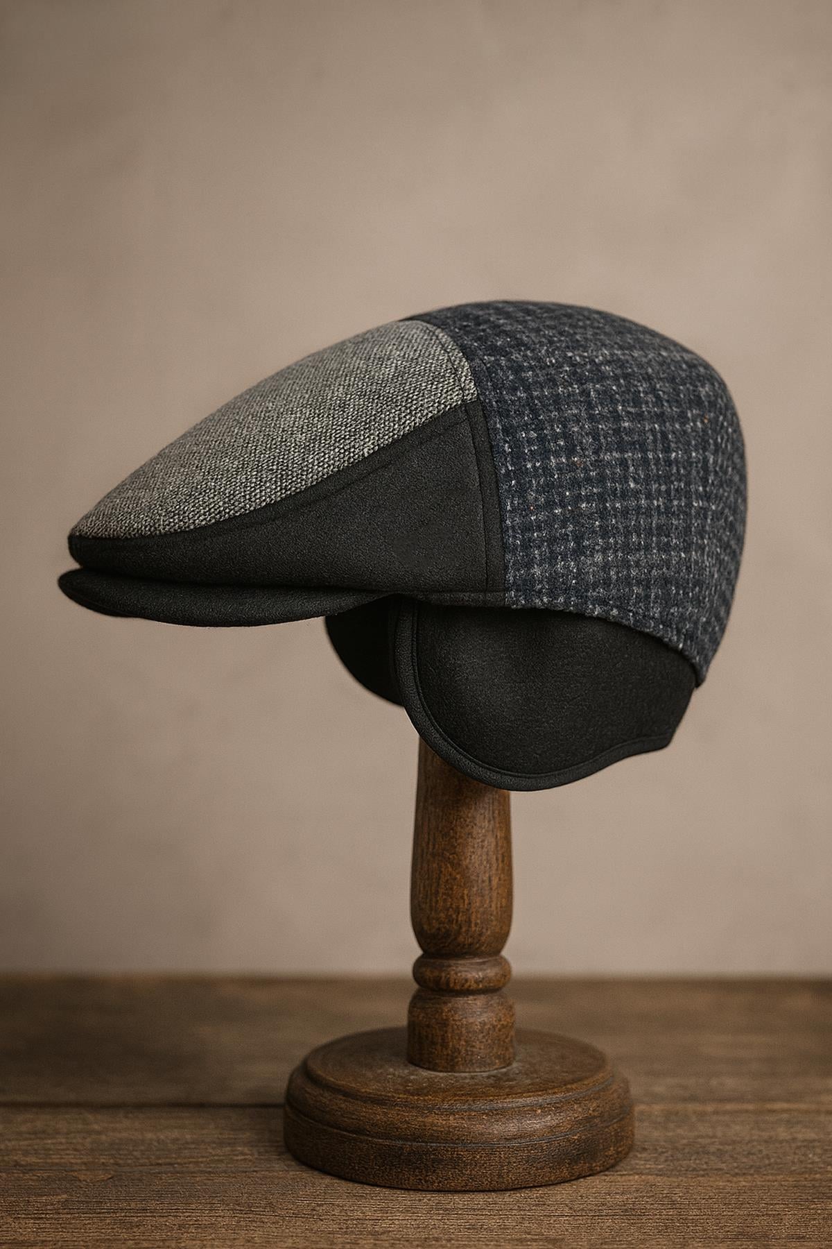 Külah Patchwork Kışlık Yün İngiliz Kasket - Katlanır Sherpa Kulaklı Şapka KLH7559