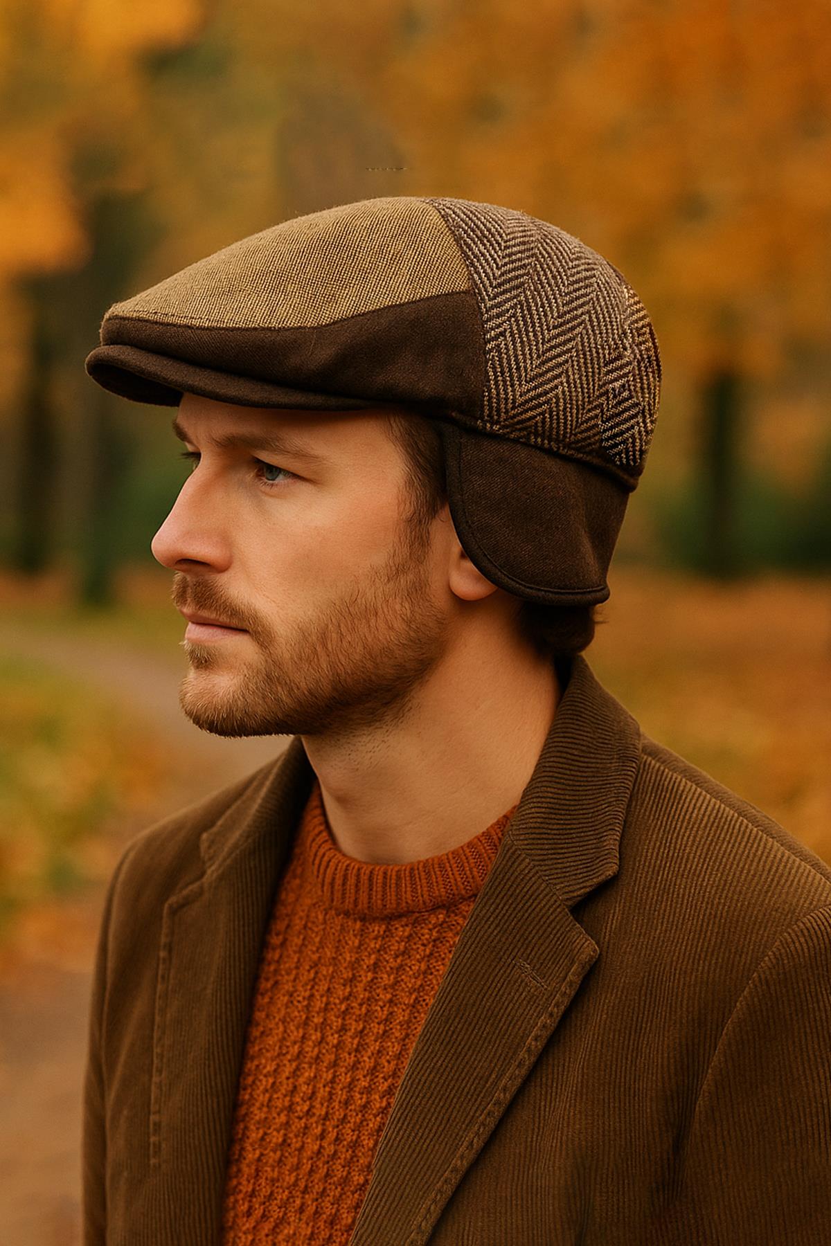 Külah Patchwork Kışlık Yün İngiliz Kasket - Katlanır Sherpa Kulaklı Şapka KLH7559