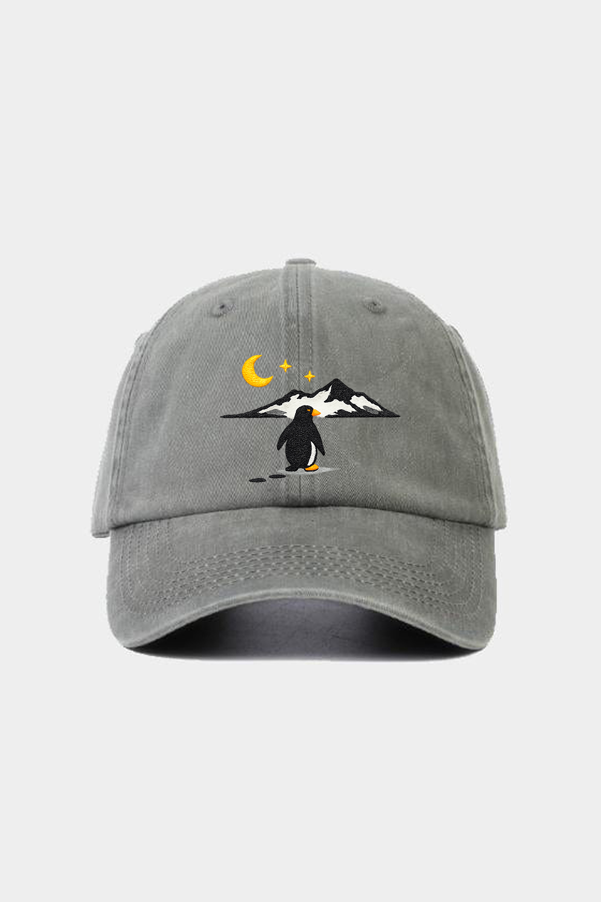 Külah Penguen Nakışlı Gri Unisex Baseball Cap – Yıkamalı Vintage Stil KLH7575