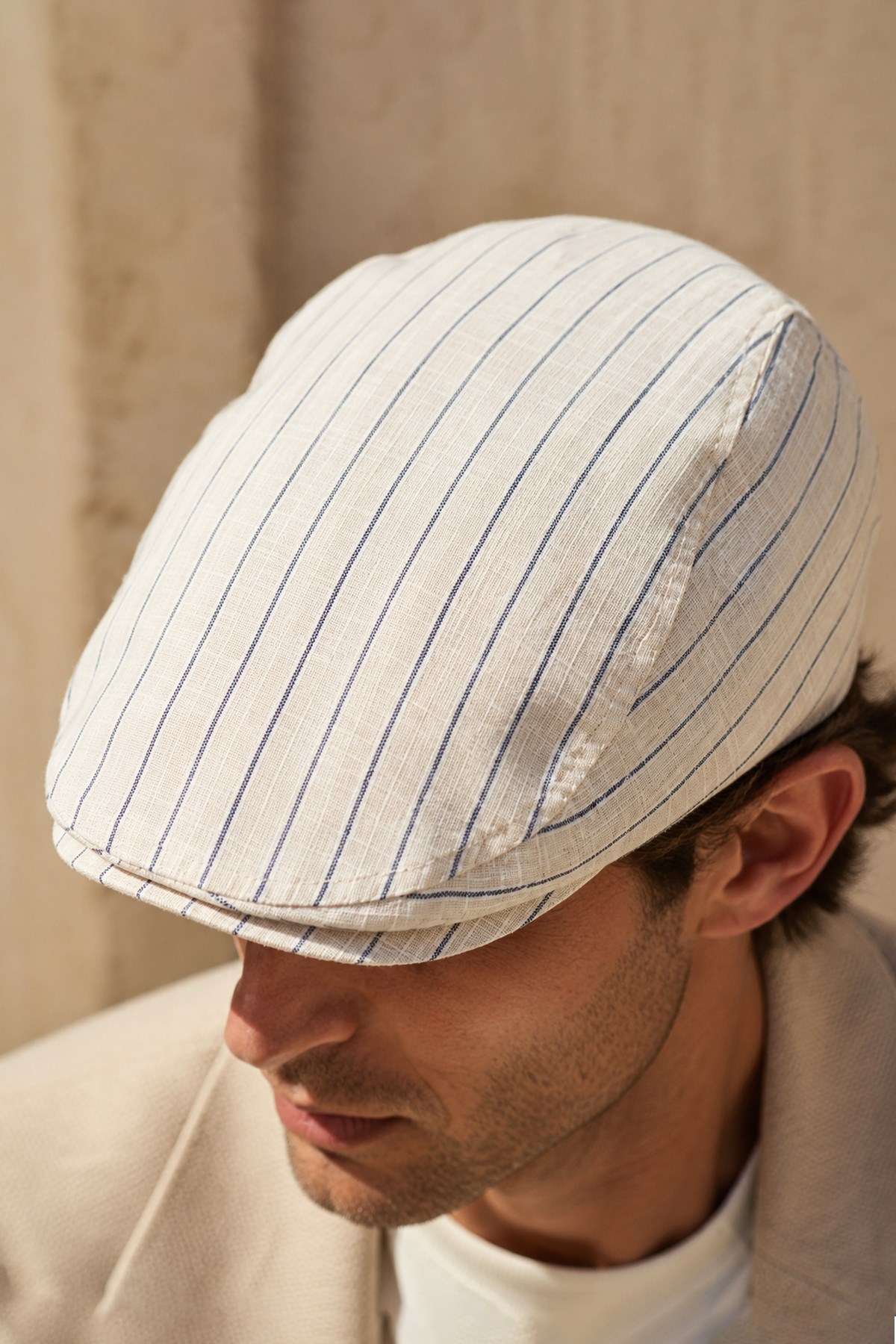 Külah Portofino Stripe Keten Dokulu Slim Fit Kasket – Flat Cap | Riviera Collection KLH7598