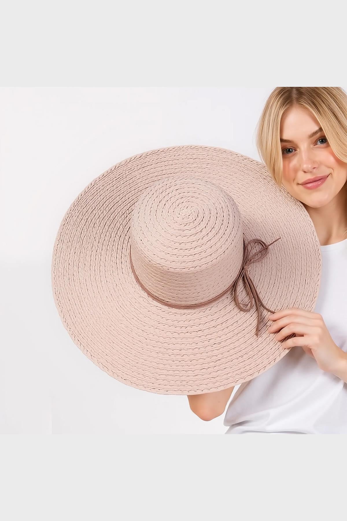 Külah Premium Rafya Oversize Pembe Geniş Hasır Plaj Şapkası KLH7533